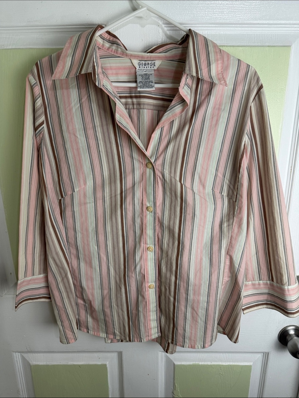 George Striped Button-Up Blouse in Pink, Beige and Gray